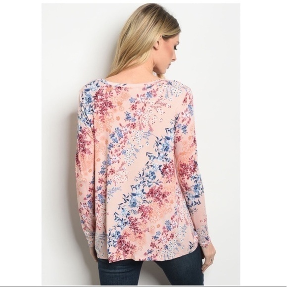 Pink/ Blue Floral Blouse, Ling Sleeve - Picture 2 of 2